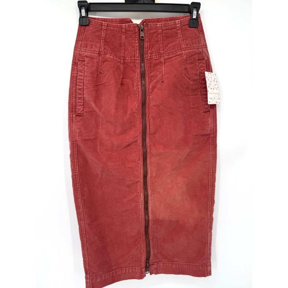 Free People Skirt Womens 24 Poppy Red We The Free Corduroy Zip Front Midi Pencil